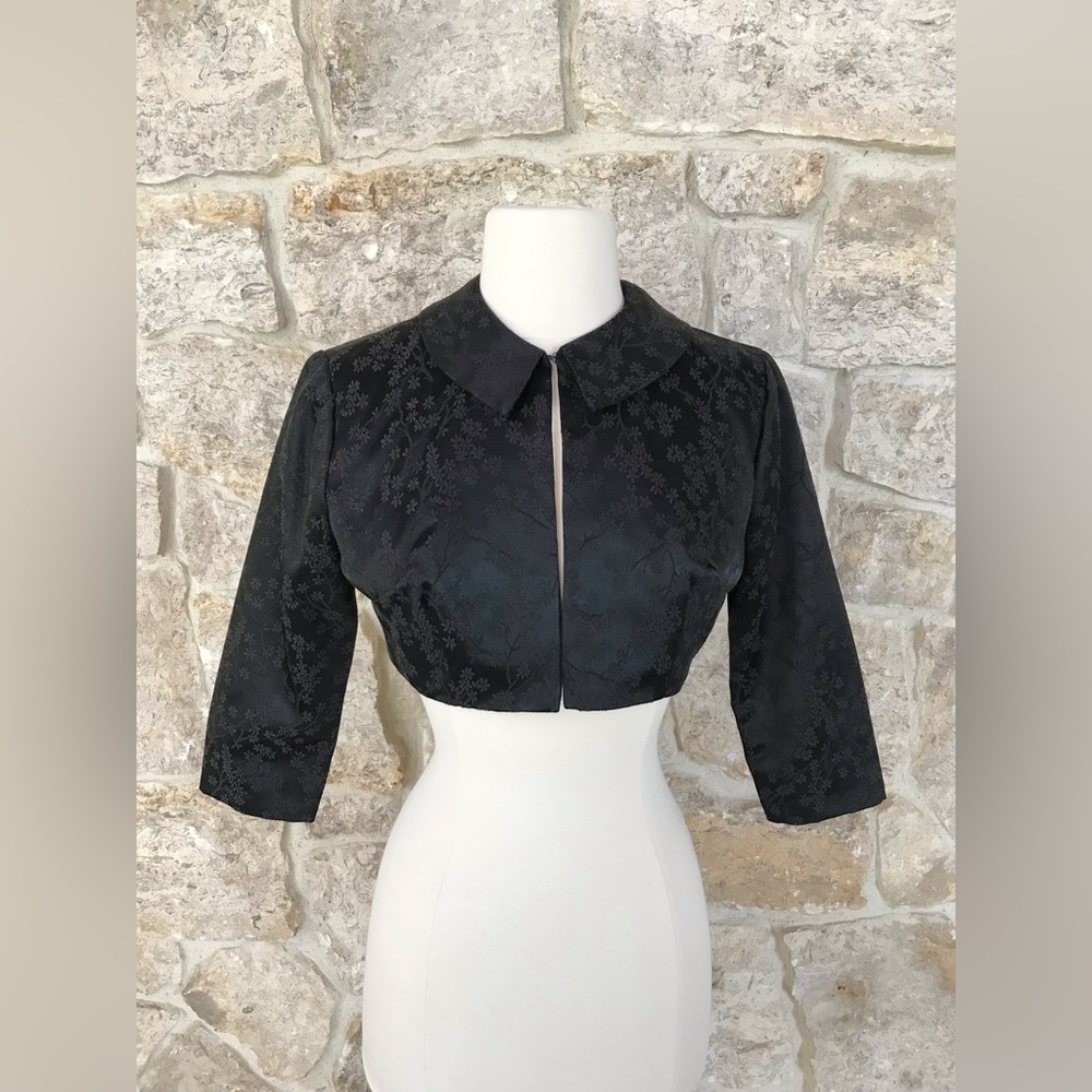 Vintage 50s Black Floral Brocade Dress Set with Kitten Bow Waist Audrey Hepburn - Picture 11 of 16